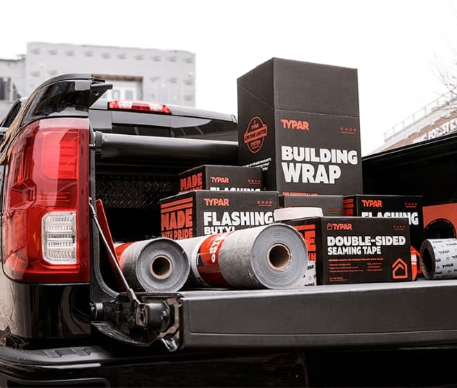 TYPAR building fabric wrap, flashings, and tapes in a truck bed 